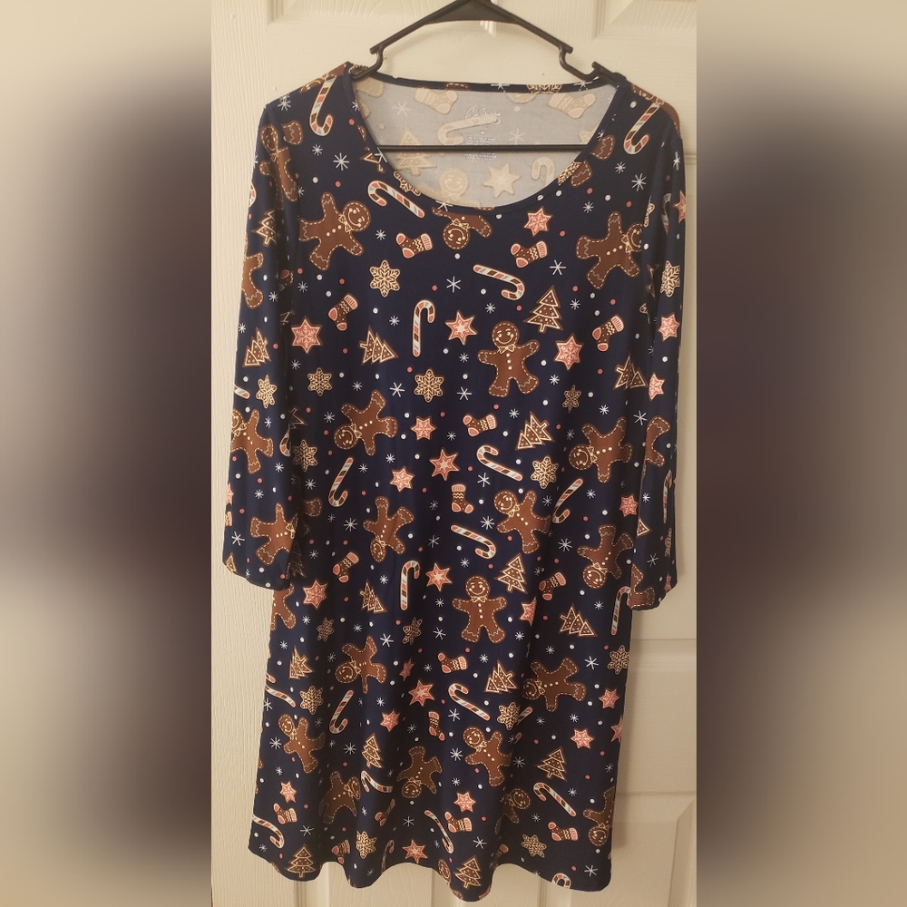 Gingerbread dress.  3/4 sleeve blue background